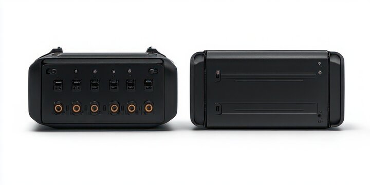 Two black rectangular electronic connector modules with five orange-ringed jacks and multiple switches on white background, sleek professional feel