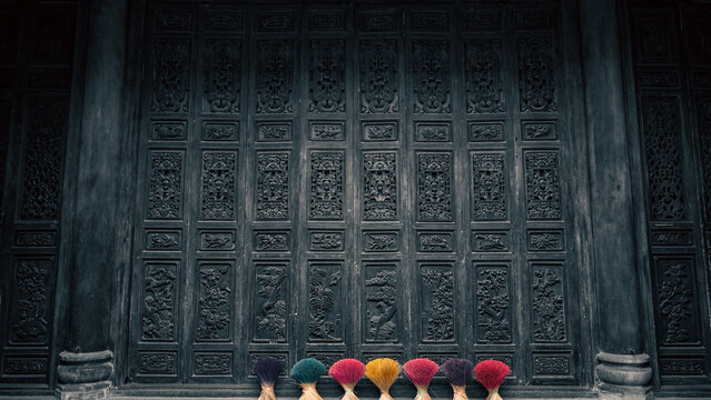 Giant Black Lacquered Wooden Carved Gate 