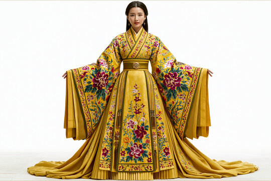 Chinese Woman in Golden Yellow Hanfu Full Body Isolated on White Background
