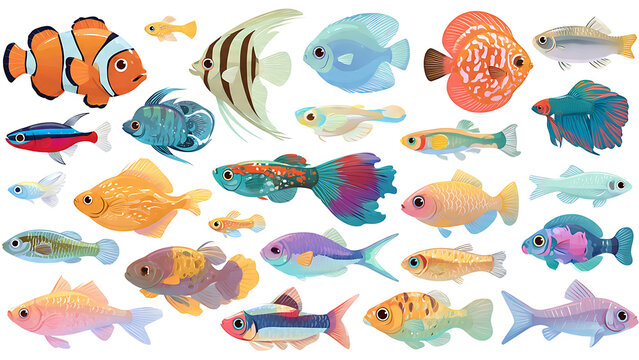 A collection of various vibrant and cute stylized aquarium fish including clownfish and angelfish on a clean white background for decorative use.
