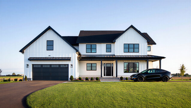 Modern farmhouse exterior with white vertical siding and black accents real estate family home