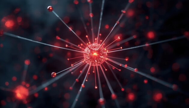 Abstract red virus or microscopic particle model with radiating projections microscopic particle pathogen infection abstract research structure microbiology chemistry technology medicine
