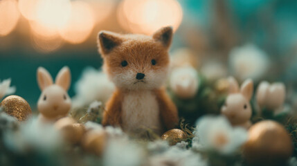 Fototapeta premium Cute fox and rabbits with flowers and eggs celebrate spring