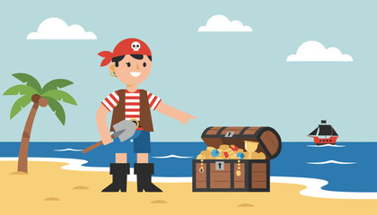 Naklejka premium Young boy pirate character standing on a tropical beach and pointing towards an open chest filled with gold treasure.