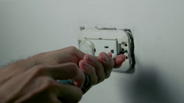 Hands Using Screwdriver to Install Screw on Uncovered Electrical Wall Outlet During Home Repair, 60fps 4K Video