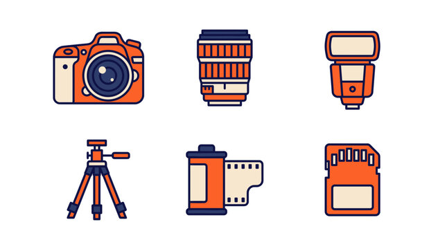 Set of vector icons representing essential photography gear: a camera, lens, flash, tripod, film roll, and SD card.