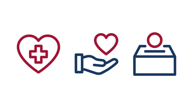 Set of three line art icons representing healthcare, giving, and donations for charity.