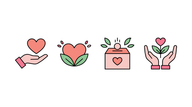 A set of four simple, flat icons representing charity, kindness, and growth, featuring hearts, hands, and a donation box.