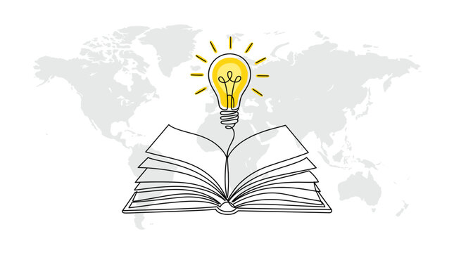 Conceptual illustration of knowledge and ideas spreading across the globe, represented by an open book and a lit light bulb.