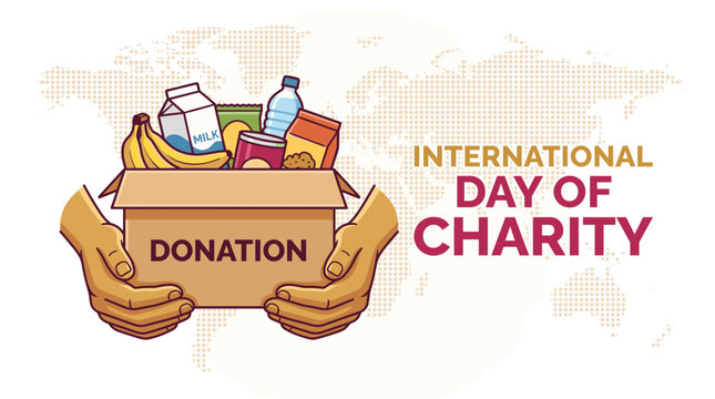 Illustration of hands holding a donation box filled with food items, celebrating International Day of Charity.