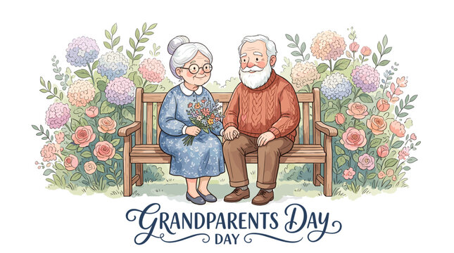 A charming watercolor illustration depicts an elderly couple holding hands on a park bench surrounded by colorful flowers, celebrating Grandparents Day.