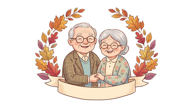 A heartwarming illustration of an elderly couple holding hands, framed by an autumnal wreath of colorful leaves and a banner.