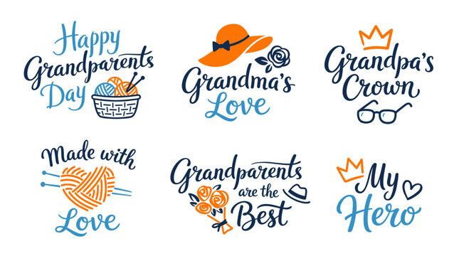 Collection of decorative lettering designs celebrating Grandparents Day with charming illustrations of knitting, hats, crowns, and flowers.