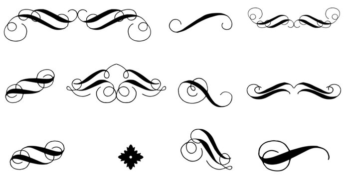 Calligraphic swirl floral ornaments. Modern swirling flourishes, wreath, romantic card decorative swirl and wedding card decor curls swirls dividers set. Black curly thin lines
