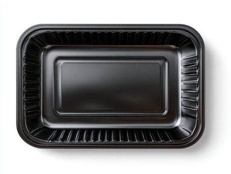 Overhead shot of a glossy black plastic rectangular tray, slightly rounded corners, set on a white surface with shadows
