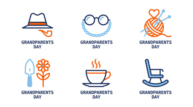 A collection of icons representing grandparents' day, including a hat and pipe, glasses and pearls, knitting, gardening, coffee, and a rocking chair.