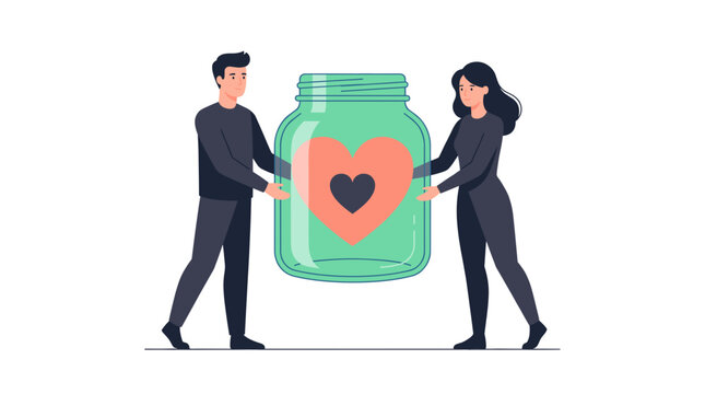 A man and woman hold a glass jar filled with hearts, representing love, compassion, and charitable giving.