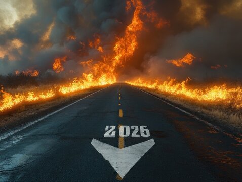 empty asphalt road with painted 2025 and directional arrow leading into towering flames and thick smoke, a tense ominous apocalyptic scene