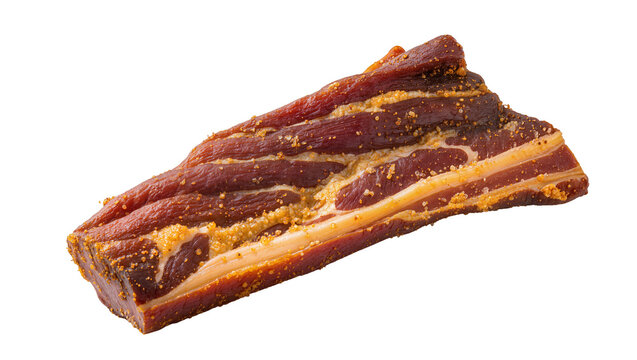 Isolated uncooked seasoned pork belly slice, raw meat with spices for delicious food