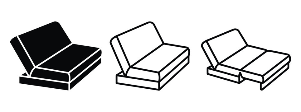 Set of simple black and white icons showing a folding sofa bed in different positions