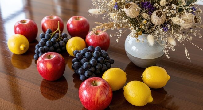 Fresh fruit and flowers on wooden table