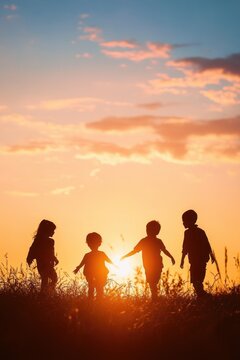 silhouettes of four children playing in a grassy field at golden sunset, joyful and carefree
