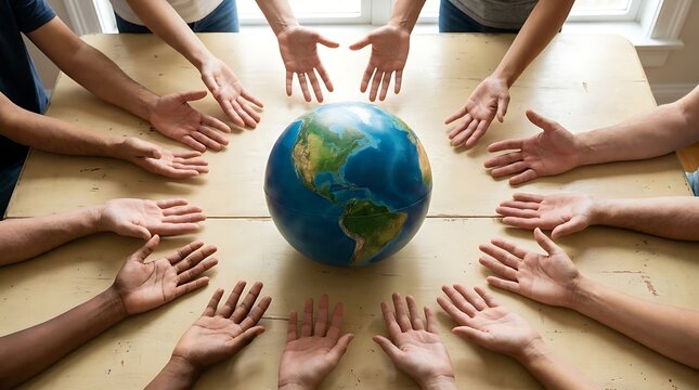 Diverse hands reaching towards a globe on a wooden table earth