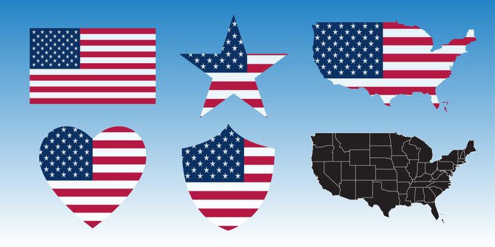 National flag of America. USA map with different territories. United States of America flag and map with star and shield. Vector illustration. 
