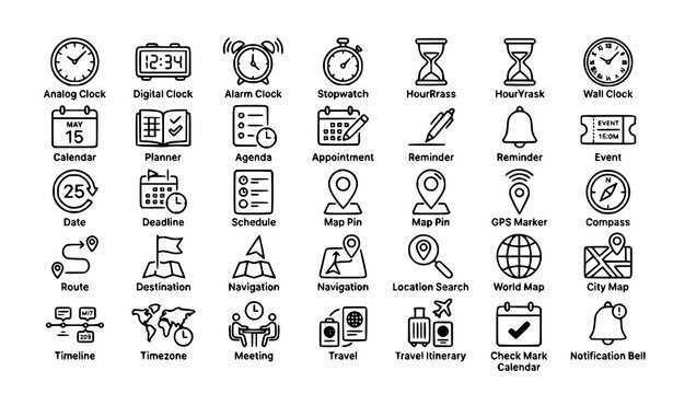Title:
Modern Time Location and Calendar Scheduling Thin Line Icons Set Editable Stroke Vector Collection