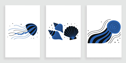Minimalist jellyfish and sea shells linocut vector art set for vertical banners. © zixu