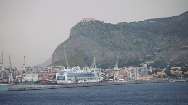 Aerial Panoramic of Palermo Port with Cruise Ship, City, and Cranes