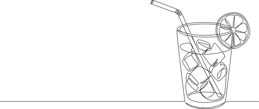 continuous one line drawing of refreshing cold drink in glass with ice cubes, straw and emon slice, minimalist line art vector illustration
