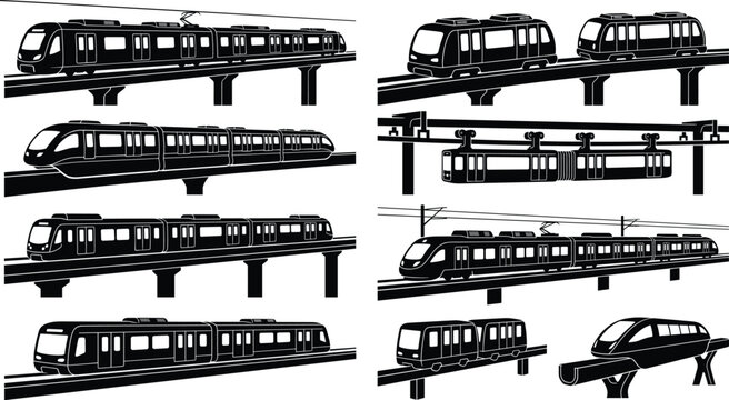 Modern monorail and elevated metro train silhouette vector icons set for urban transit and smart city design