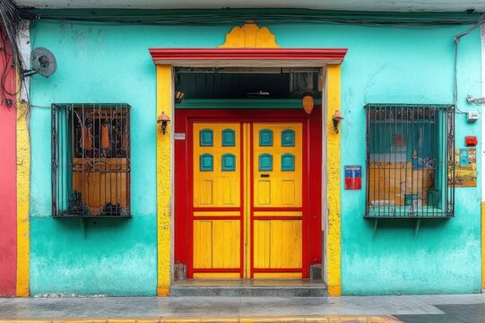 vibrant turquoise facade with double yellow wooden door trimmed in red, two barred windows, decorative lintel and sidewalk &mdash; cheerful, welcoming entrance