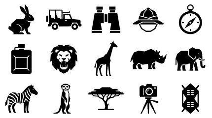 African safari icons in silhouette with animals and gear for travel adventure © MdShahazahan