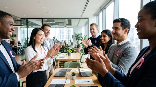 Diverse office team celebrates during Breast Cancer Awareness Month wearing pink ribbons and clapping