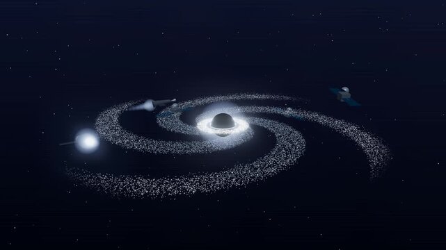 Galactic accretion disk vortex with satellites and spaceships orbiting a black hole, 3D animation seamless loop