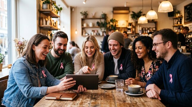Diverse group of friends laughing together at a cafe table wearing pink ribbons for breast cancer awareness month