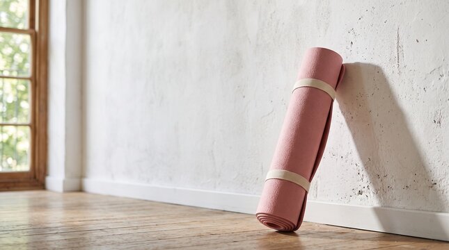 Pink yoga mat leaning against a textured wall with a window and wooden floor, symbolizing health and awareness