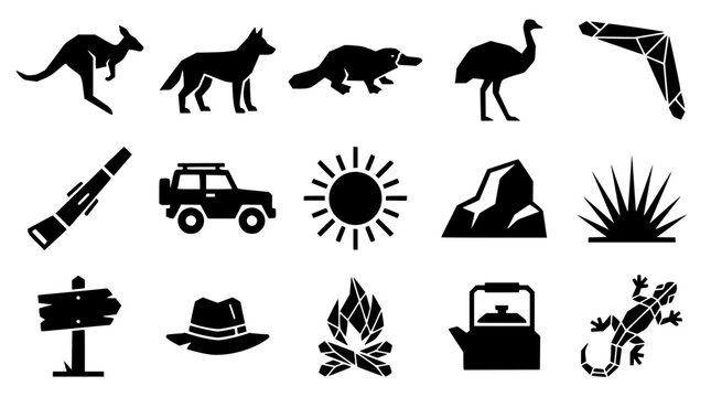 Australian Outback Icons Silhouette Set with Kangaroo and Dingo in Sunlit Landscape