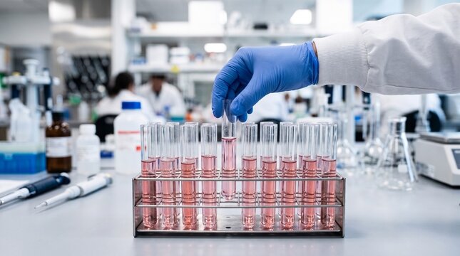 Scientist in blue gloves handles pink liquid in test tubes for breast cancer research during October awareness month