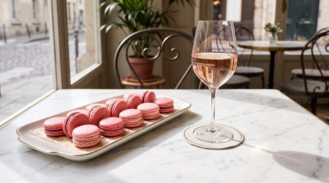 Elegant Pink Macarons and Ros&eacute; Wine on Marble Table in Parisian Cafe Setting