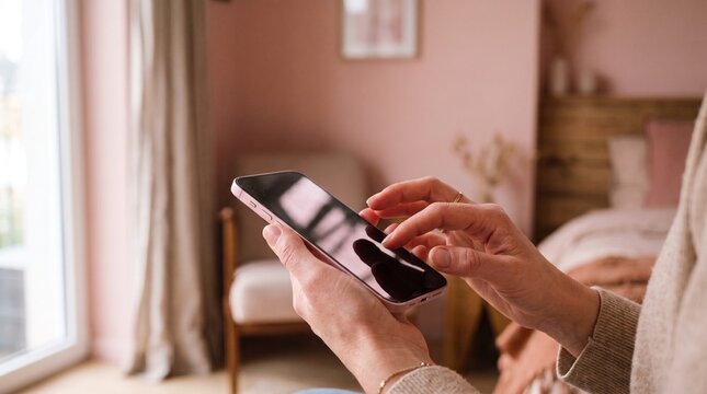 Woman's hands holding a pink smartphone, pink bedroom background, breast cancer awareness month concept