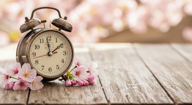 Vintage alarm clock on wooden surface with cherry blossoms. Classic timepiece with floral background, peaceful mood, and natural lighting.