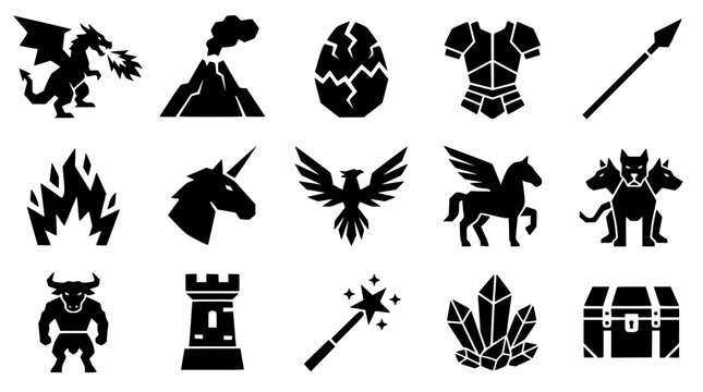 Fantasy icons set with dragon volcano egg armor spear fire unicorn phoenix pegasus cerberus minotaur tower wand crystals chest