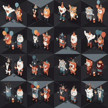 Isometric illustration of diverse cute animal characters in costumes wearing party hats holding balloons and sparklers on a dark geometric tiled grid pattern background.