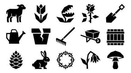 Garden icons in silhouette including lamb tulip Venus flytrap rose and shovel © MdShahazahan