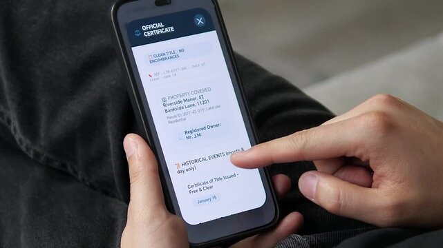 Hand holding a phone displaying a Clean Title: No Encumbrances badge. This confirms the property is free of legal disputes. Perfect for safe property investments, mortgage approval, and legal