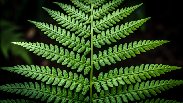 Close-up of vibrant green fern leaves in natural light. Lush botanical foliage with detailed fronds for design and decor.