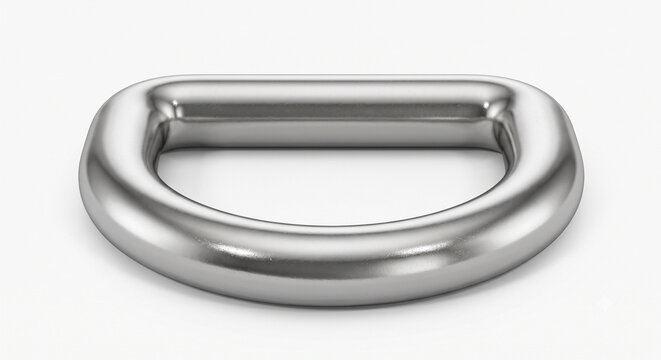 Macro photograph of a thick stainless steel welded D-ring for tactical pet collars, isolated on a white background.
